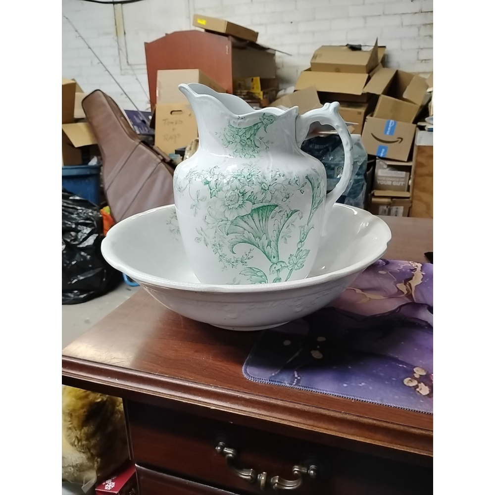 Crescent China George Jones & Sons Antique Pitcher Wash Basin Flowers Green
